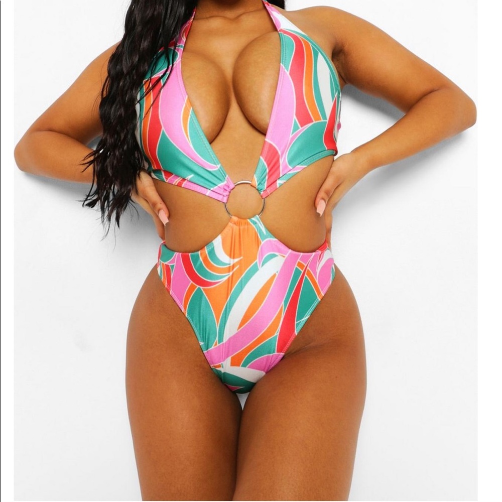 Printed O-Ring Halter-neck Swimsuit